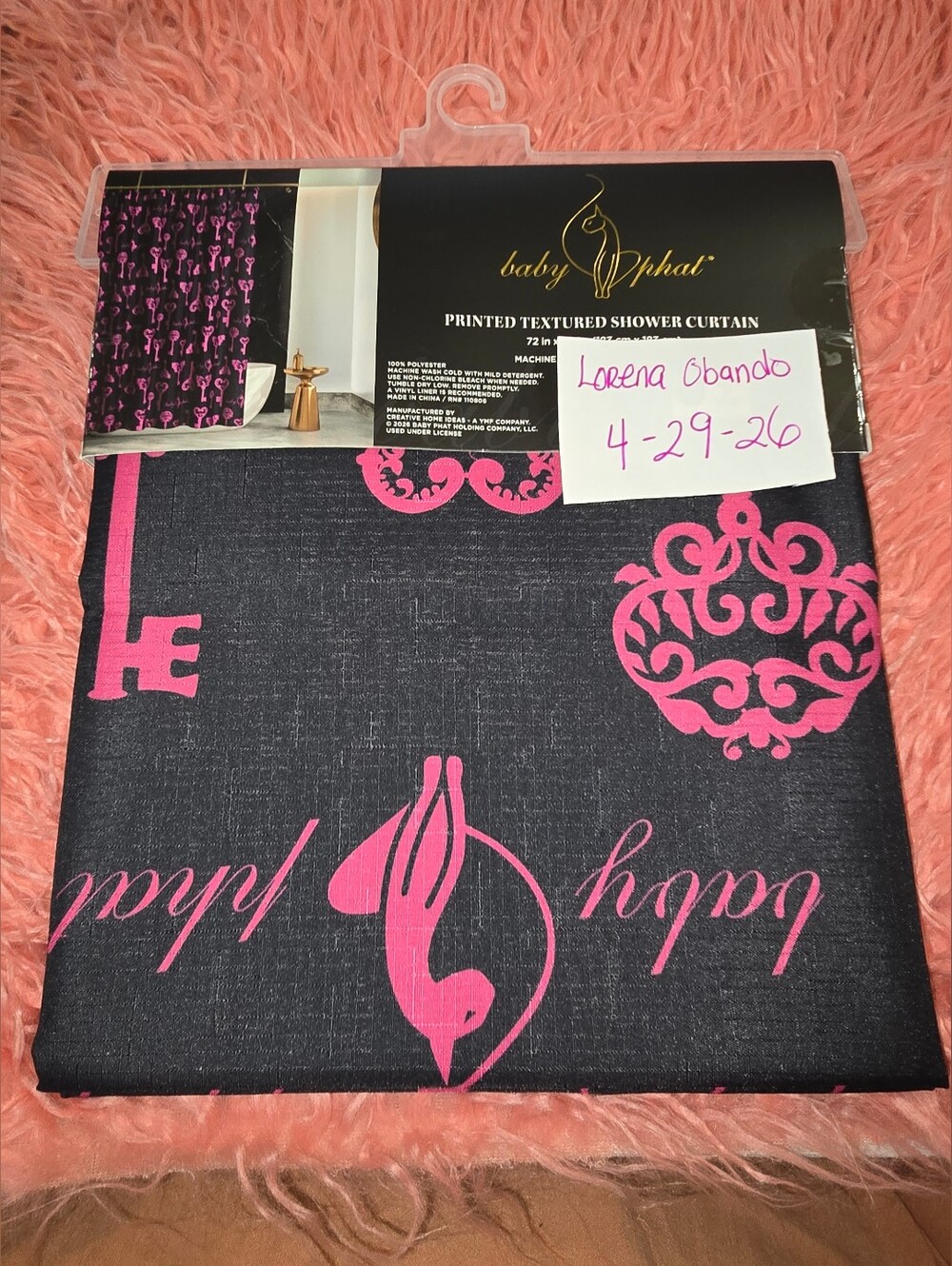 Baby Phat Black and Hot Pink Printed Textured Shower Curtain